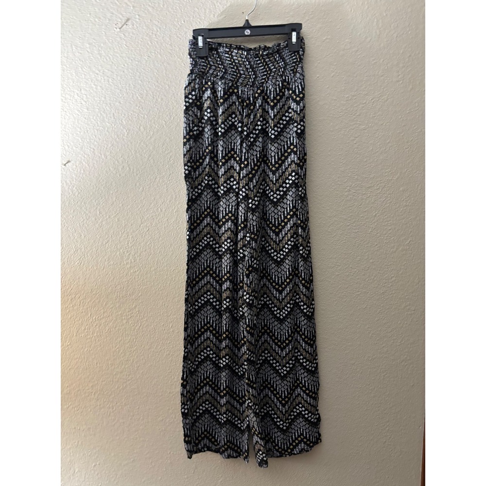 Copper Key Black Gold Geometric Chevron Smocked Wide Leg Palazzo Pants S A1082